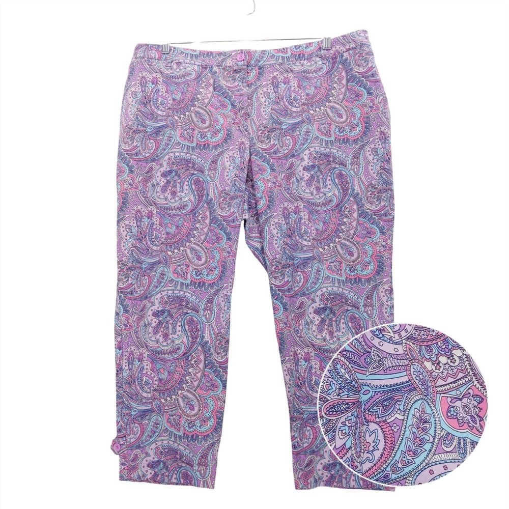 Talbots Perfect Crop Pant Women 22W Purple Paisley Cotton Stretch Trousers